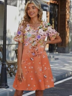 Nwt Boho Ruffle Boho Festival Western Floral V-Neck Orange A-Line Dress Y2k